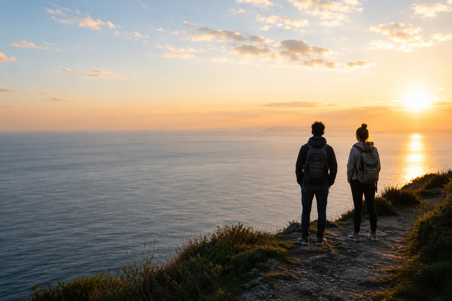 Deux personnes contemplant la mer au coucher du soleil depuis un sentier côtier